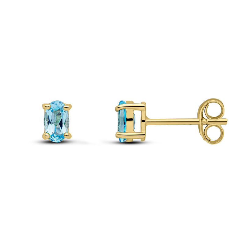 9ct Yellow Gold Oval Natural Swiss Blue Topaz Claw Stud Earrings — 5x3mm