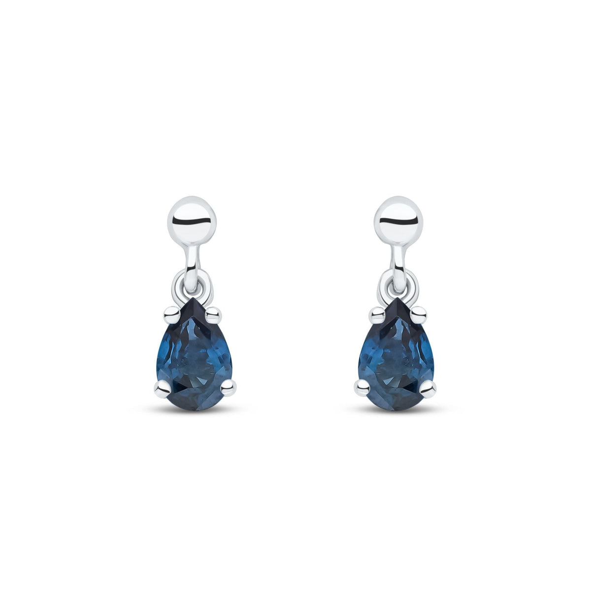 9ct White Gold Pear Shaped Natural Sapphire Claw Drop Earrings — 6x4mm