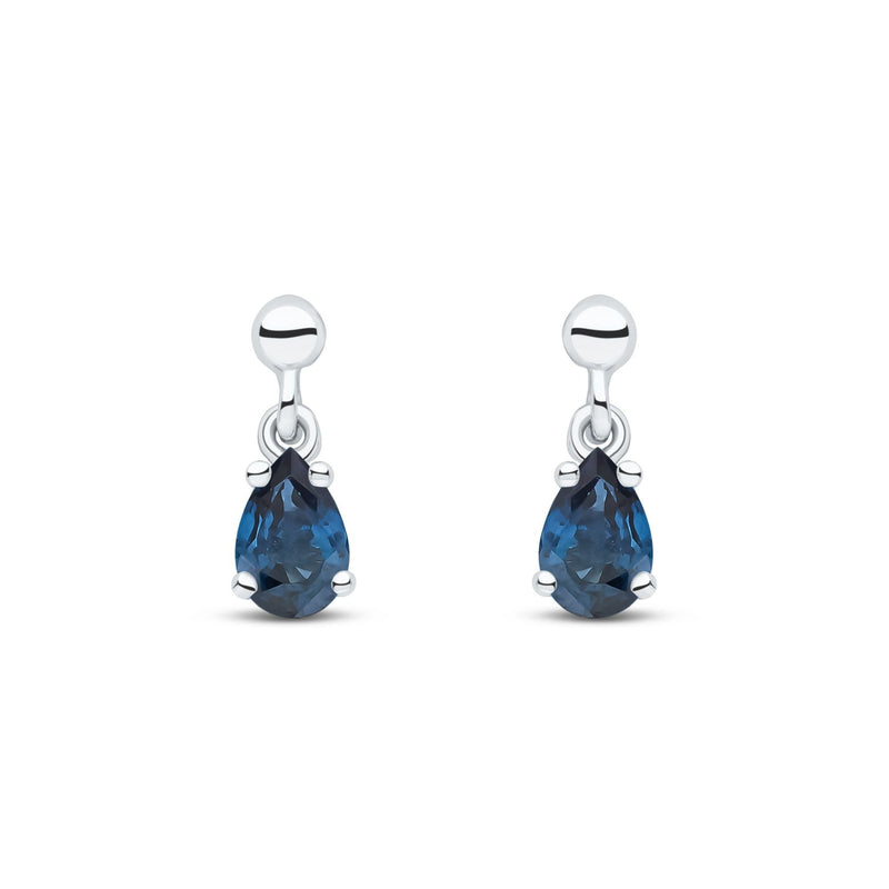 9ct White Gold Pear Shaped Natural Sapphire Claw Drop Earrings — 6x4mm