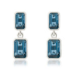 9ct White Gold Octagonal Emerald Cut Natural London Blue Topaz Double Stone Rubover Drop Earrings
