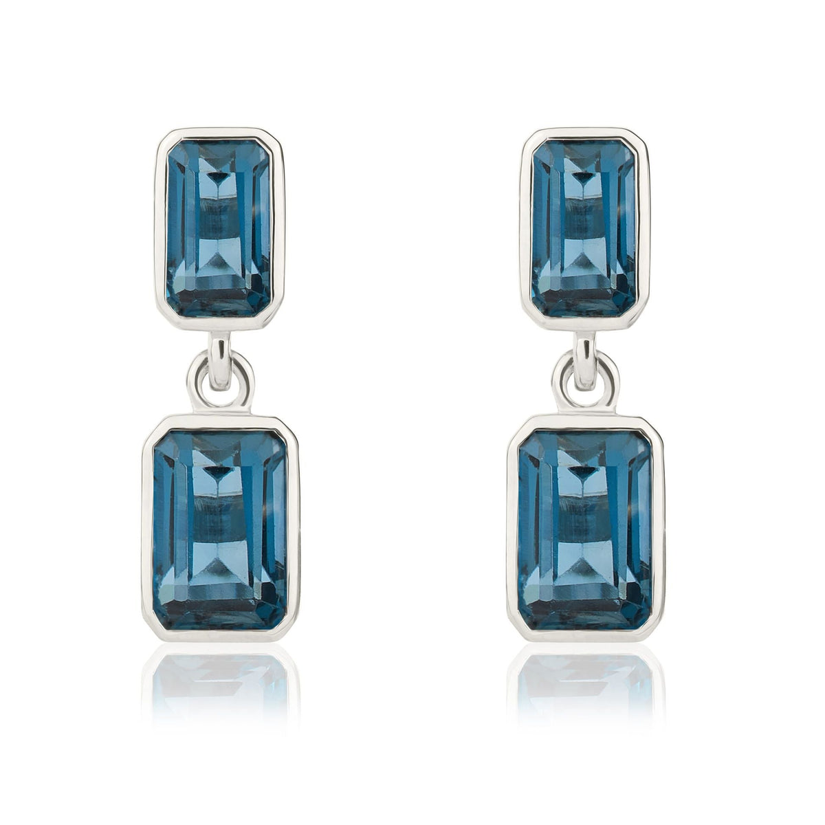 9ct White Gold Octagonal Emerald Cut Natural London Blue Topaz Double Stone Rubover Drop Earrings