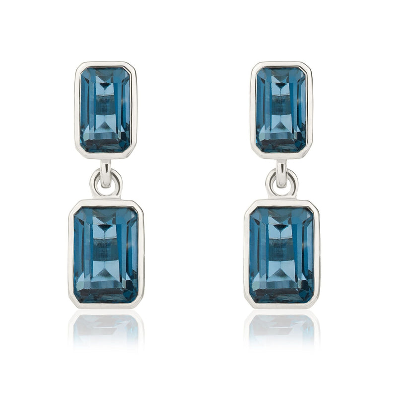 9ct White Gold Octagonal Emerald Cut Natural London Blue Topaz Double Stone Rubover Drop Earrings