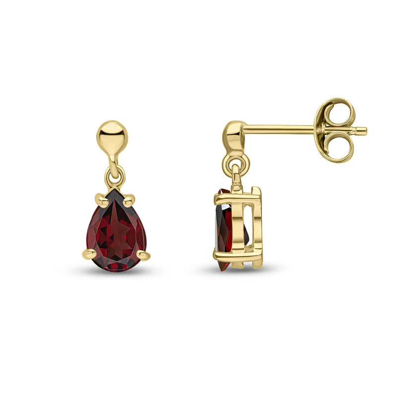9ct Yellow Gold Pear Shaped Natural Garnet Claw Drop Earrings — 7x5mm
