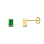 9ct Yellow Gold Octagonal Emerald Cut Natural Emerald Rubover Stud Earrings — 5x3mm