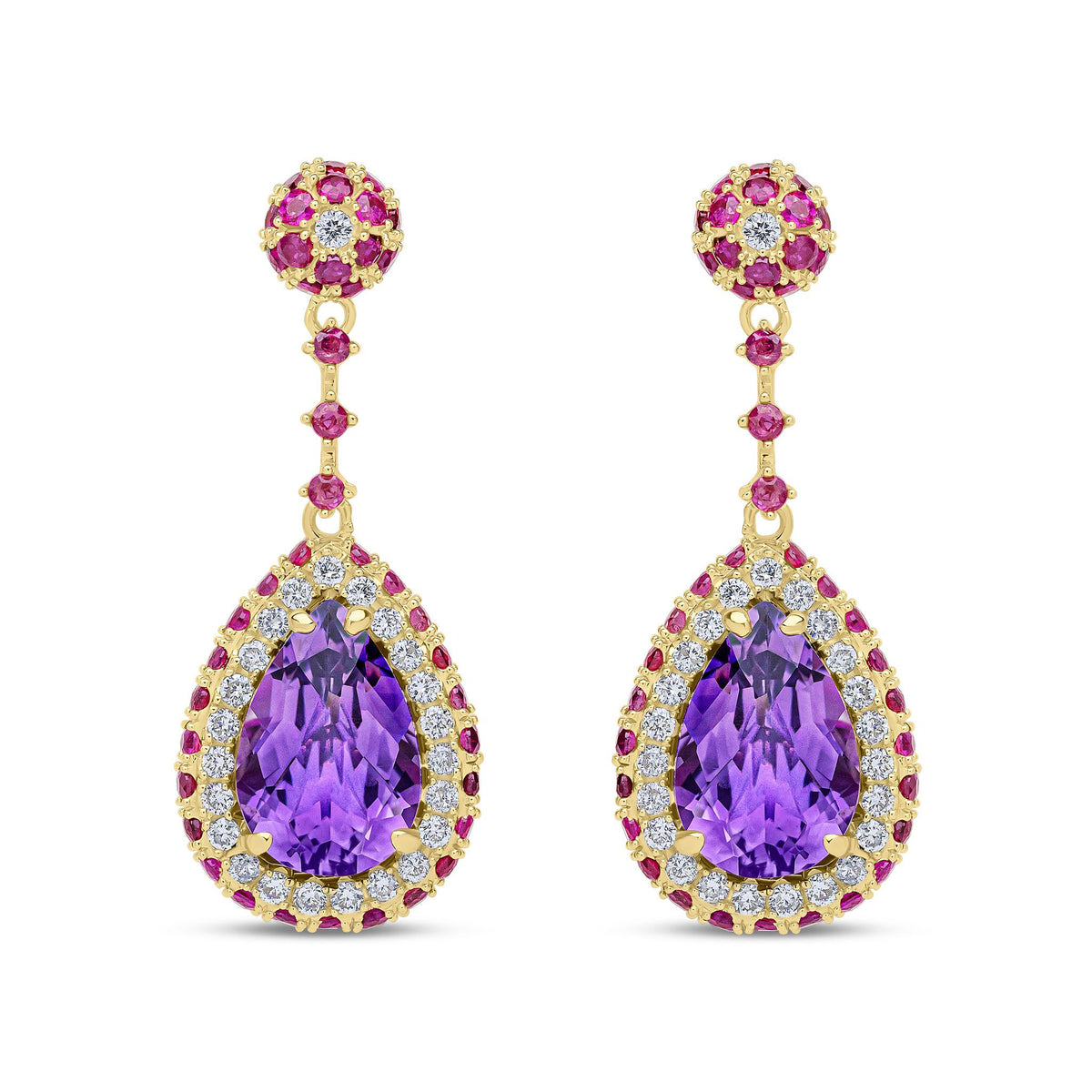 18ct Yellow Gold Natural Amethyst, Ruby and Diamond Drop Earrings