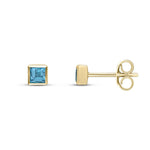 9ct Yellow Gold Square Natural Swiss Blue Topaz Rubover Stud Earrings — 3mm