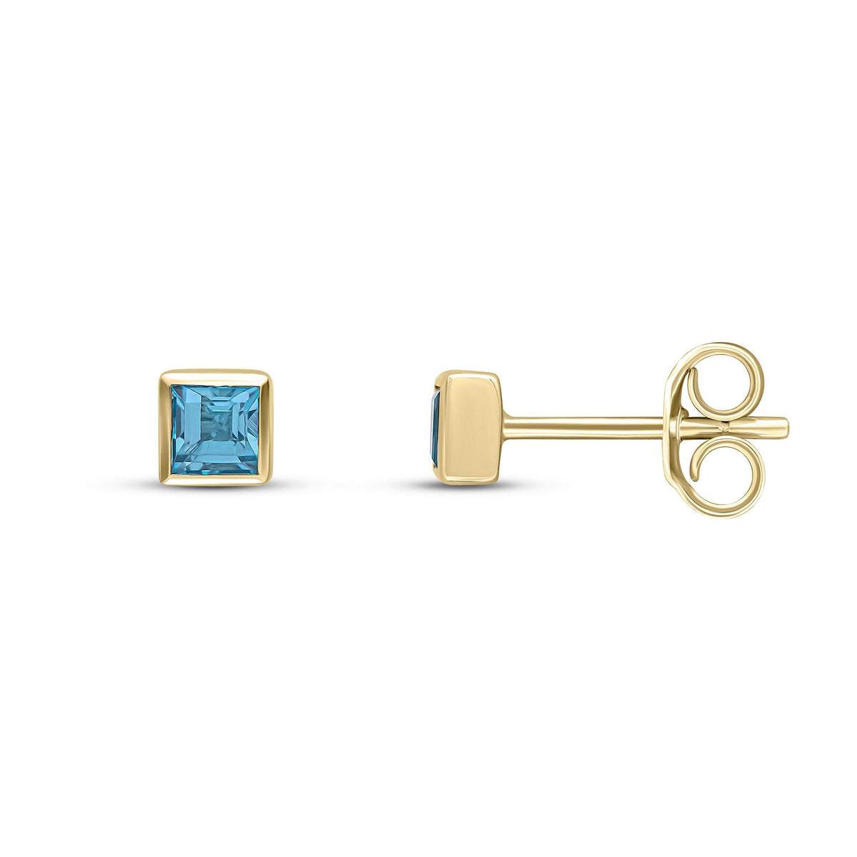 9ct Yellow Gold Square Natural Swiss Blue Topaz Rubover Stud Earrings — 3mm