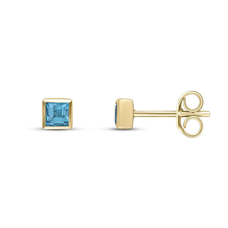 9ct Yellow Gold Square Natural Swiss Blue Topaz Rubover Stud Earrings — 3mm