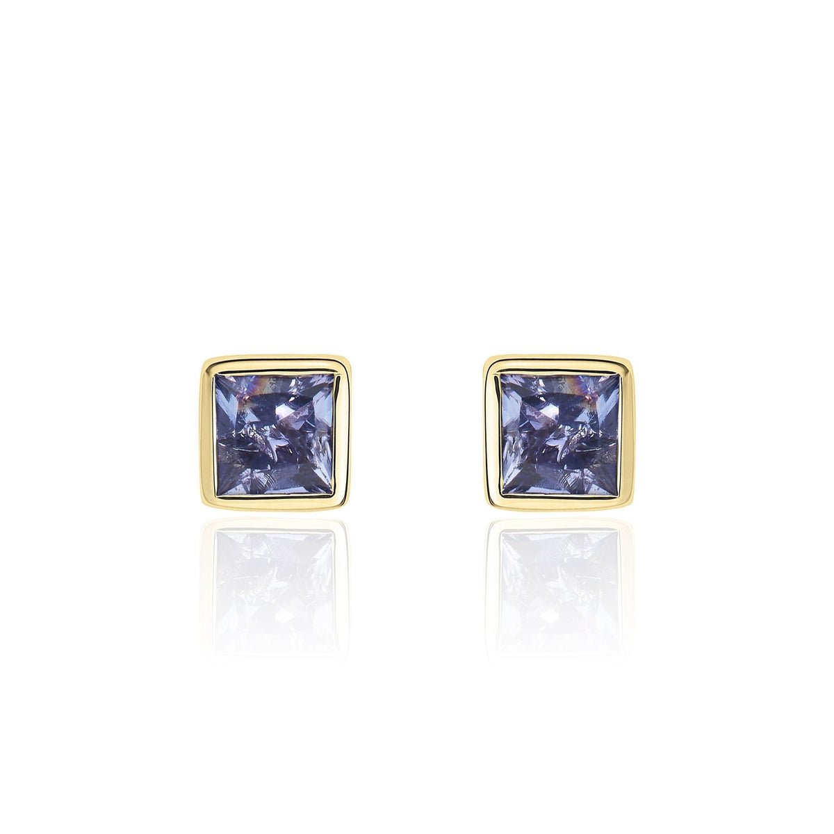 9ct Yellow Gold Square Natural Tanzanite Rubover Stud Earrings — 3mm