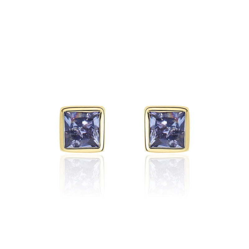 9ct Yellow Gold Square Natural Tanzanite Rubover Stud Earrings — 3mm