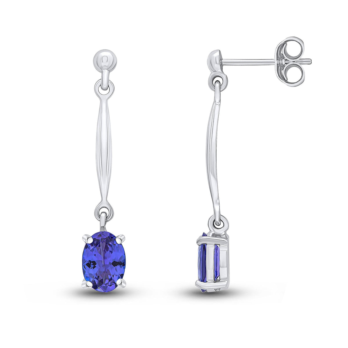 9ct White Gold Oval Natural Tanzanite Claw Bar Drop Earrings — 7x5mm