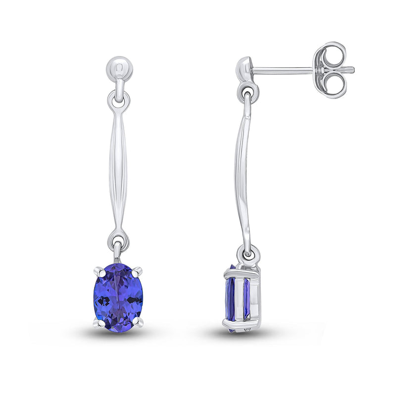 9ct White Gold Oval Natural Tanzanite Claw Bar Drop Earrings — 7x5mm