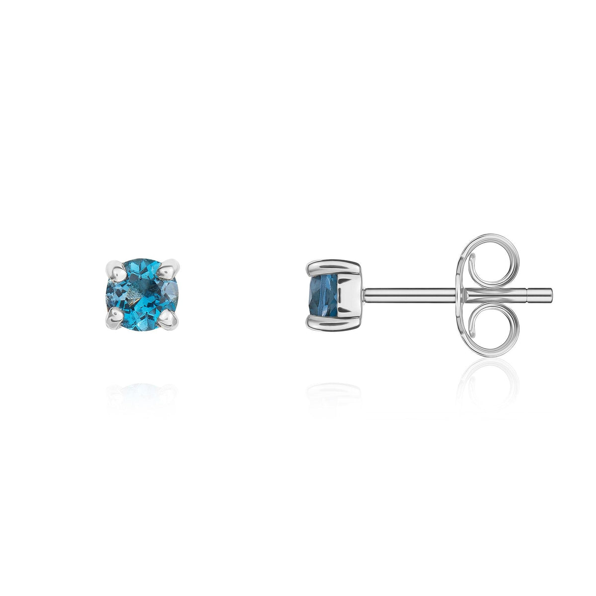 9ct White Gold Round Natural London Blue Topaz Claw Stud Earrings — 3mm