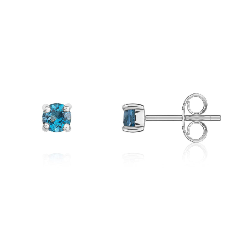 9ct White Gold Round Natural London Blue Topaz Claw Stud Earrings — 3mm