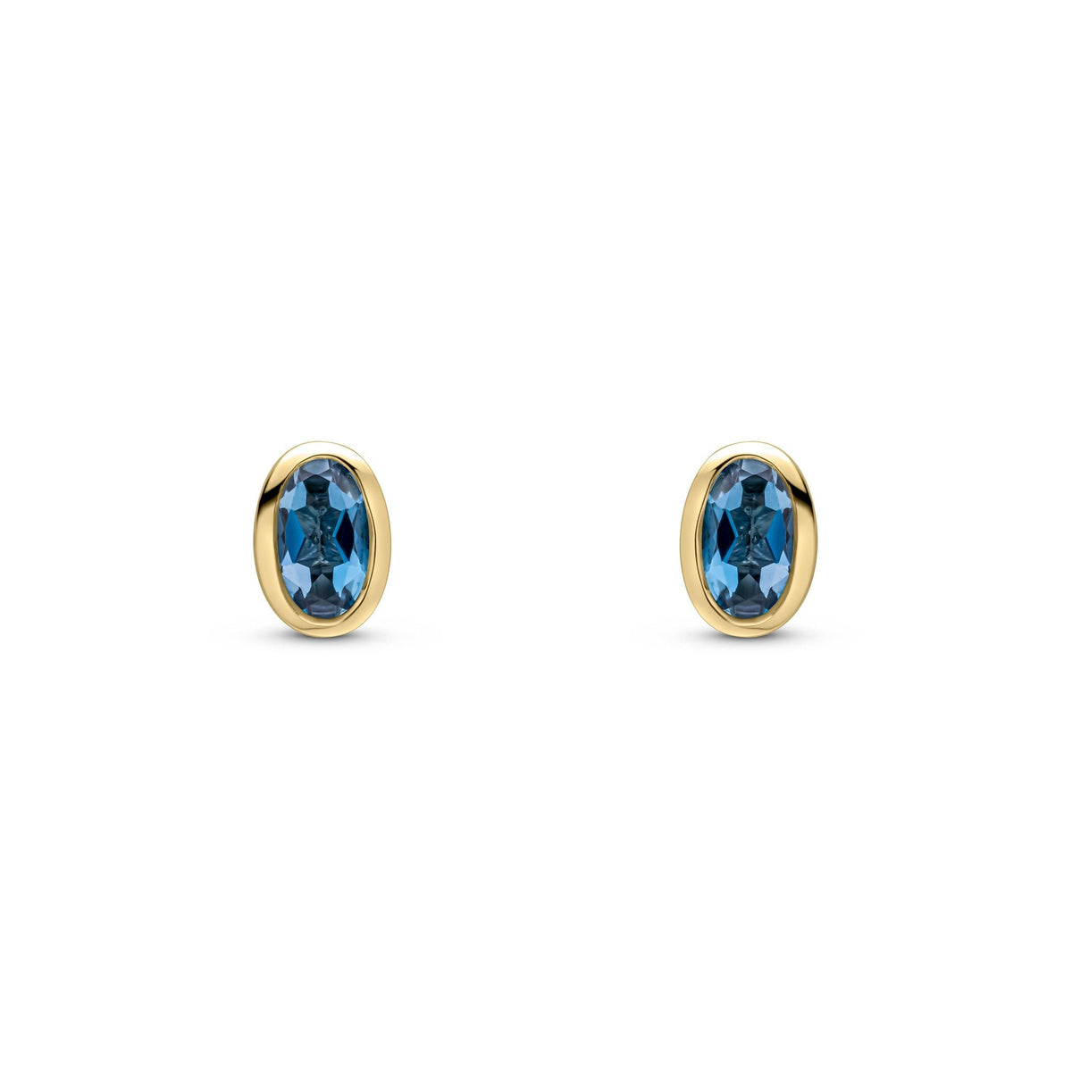 9ct Yellow Gold Oval Natural London Blue Topaz Rubover Stud Earrings — 5x3mm