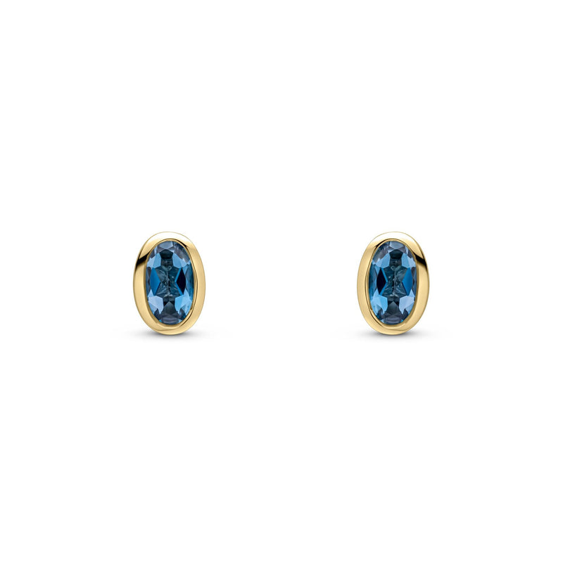 9ct Yellow Gold Oval Natural London Blue Topaz Rubover Stud Earrings — 5x3mm