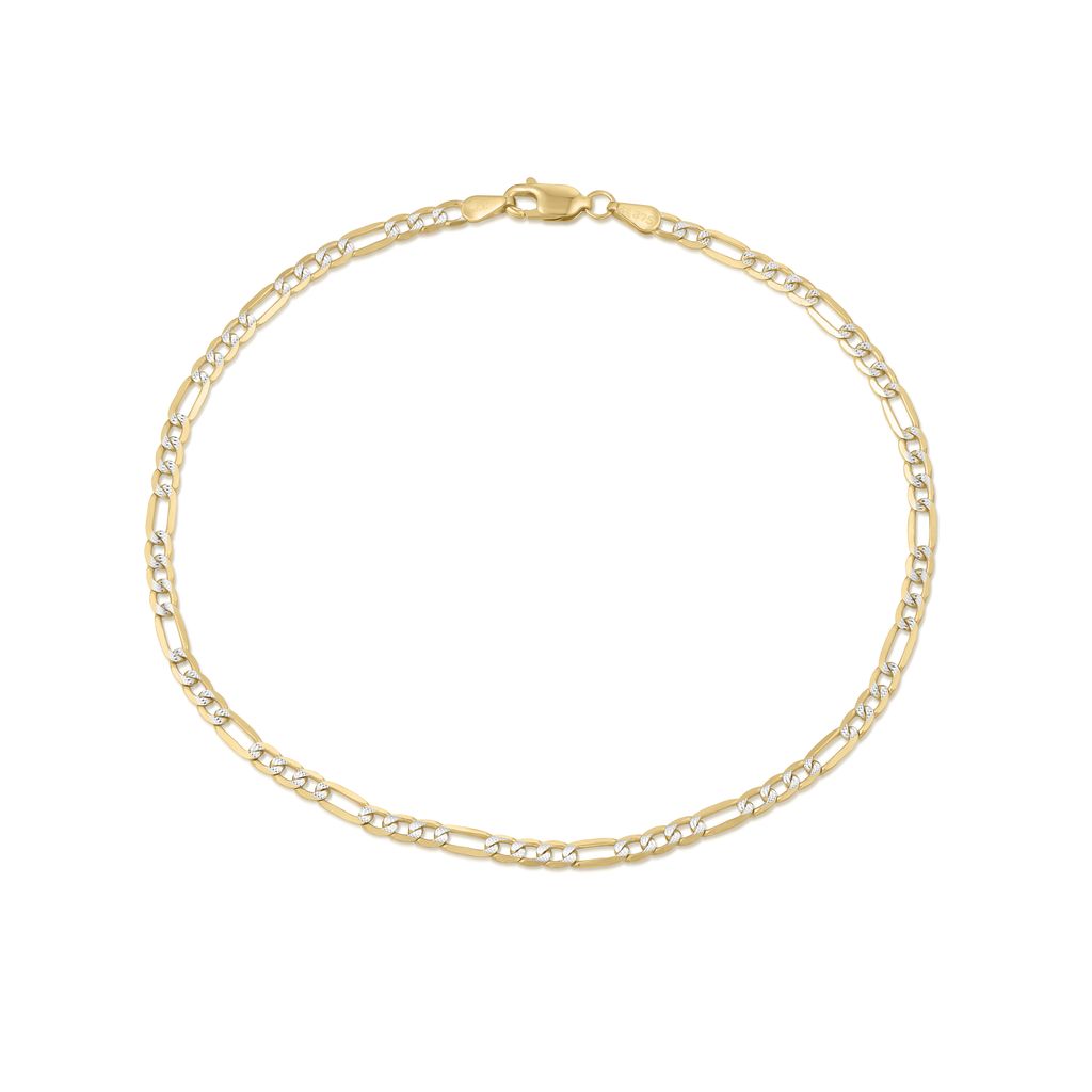 9ct Yellow Gold Rhodium Detail Figaro Link Anklet — 3.1mm