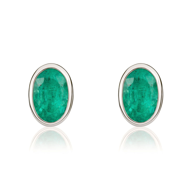 9ct White Gold Oval Natural Emerald Rubover Stud Earrings — 6x4mm