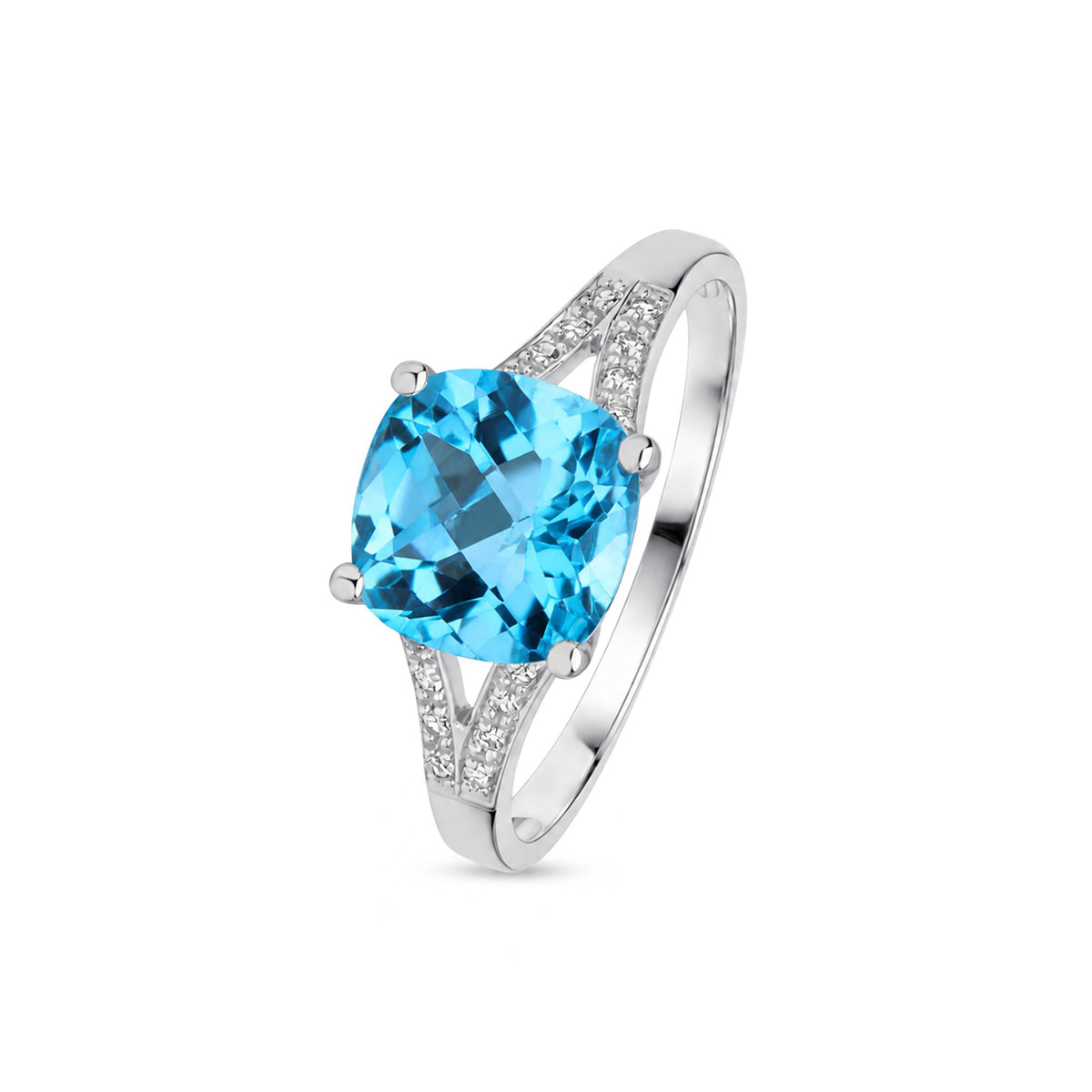 9ct White Gold Natural Cushion Cut Swiss Blue Topaz and Round Diamond Split Shoulder Ring