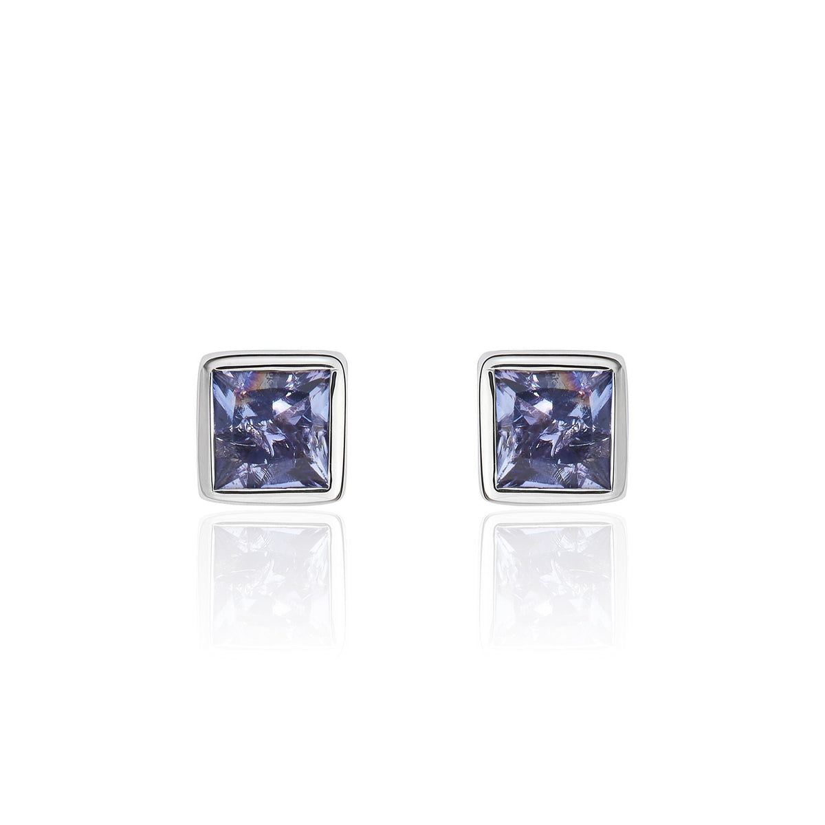 9ct White Gold Square Natural Tanzanite Rubover Stud Earrings — 3mm