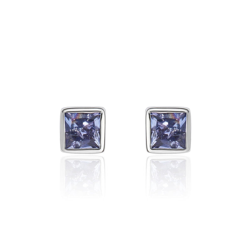 9ct White Gold Square Natural Tanzanite Rubover Stud Earrings — 3mm
