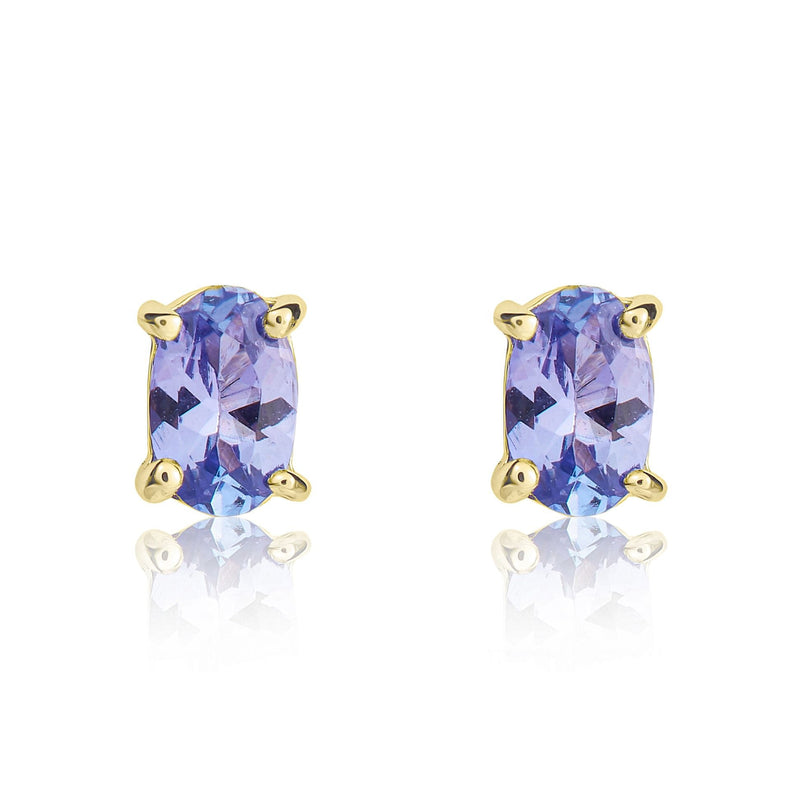 9ct Yellow Gold Oval Natural Tanzanite Claw Stud Earrings — 5x3mm
