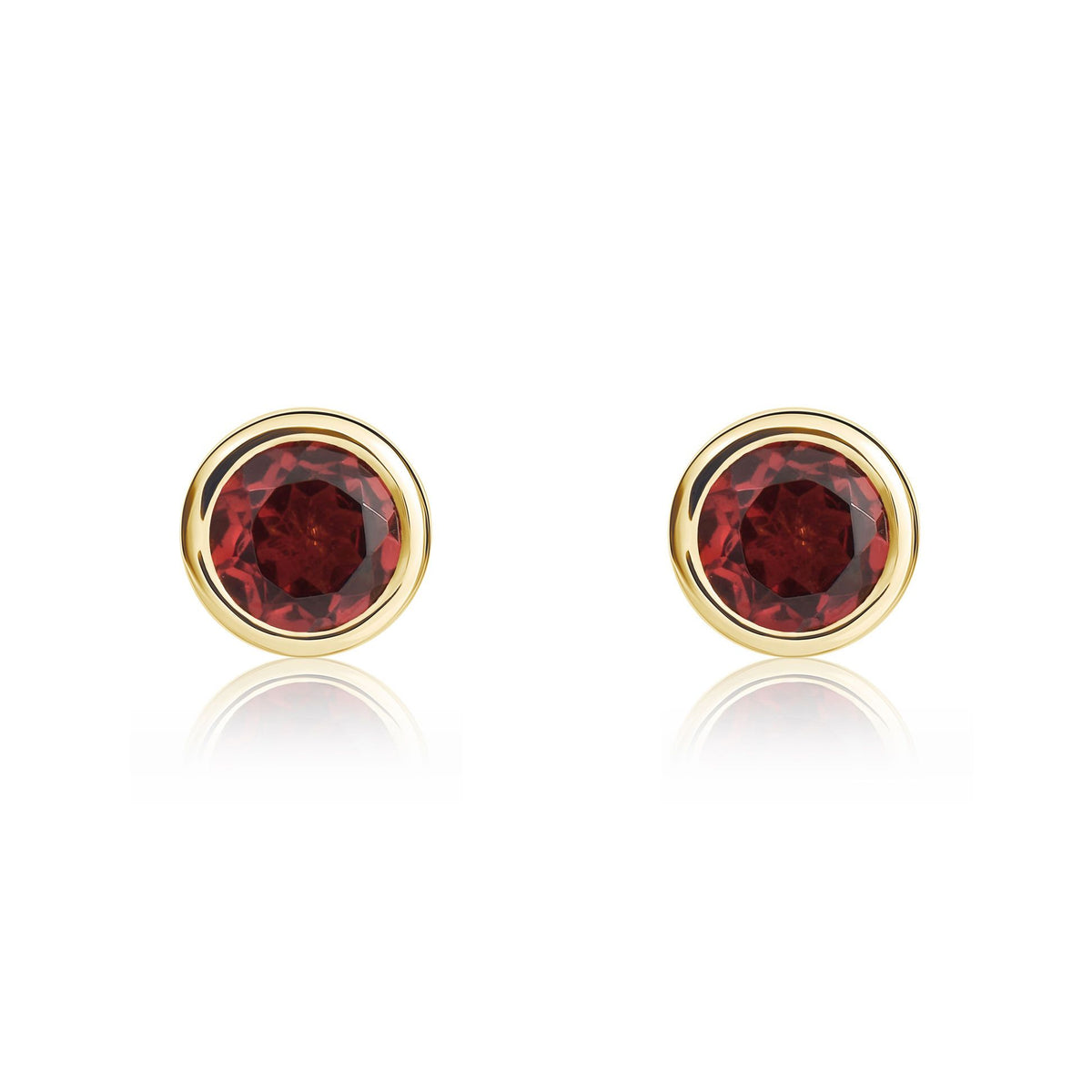 9ct Yellow Gold Round Natural Garnet Rubover Stud Earrings — 4mm