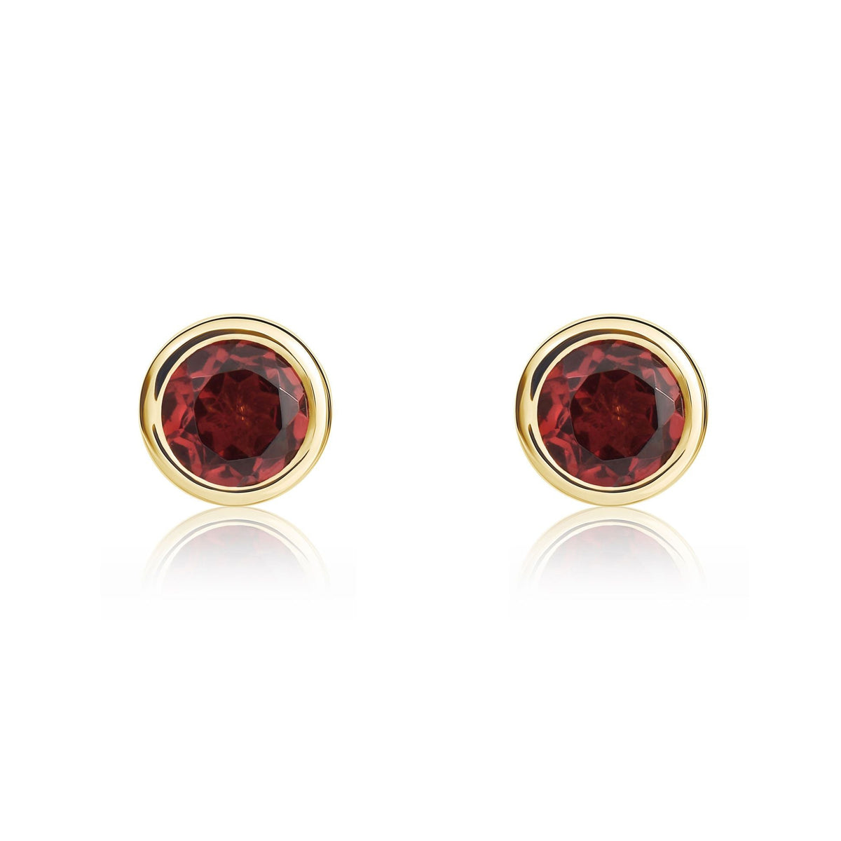 9ct Yellow Gold Round Natural Garnet Rubover Stud Earrings — 4mm