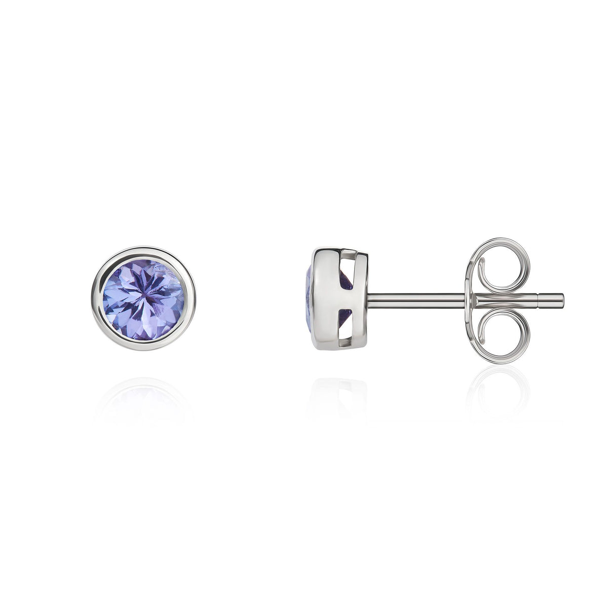 9ct White Gold Round Natural Tanzanite Rubover Stud Earrings — 4mm