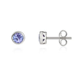 9ct White Gold Round Natural Tanzanite Rubover Stud Earrings — 4mm