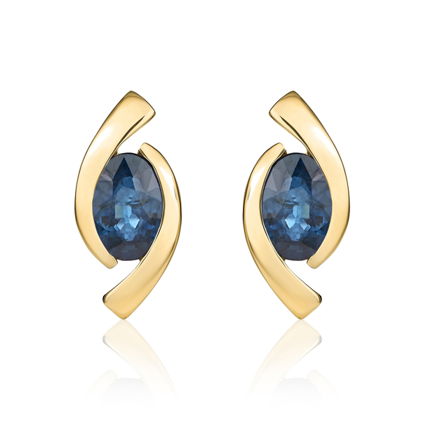9ct Yellow Gold Oval Natural Sapphire 'Eye' Stud Earrings — 6x4mm