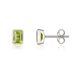9ct White Gold Octagonal Emerald Cut Natural Peridot Rubover Stud Earrings — 7x5mm