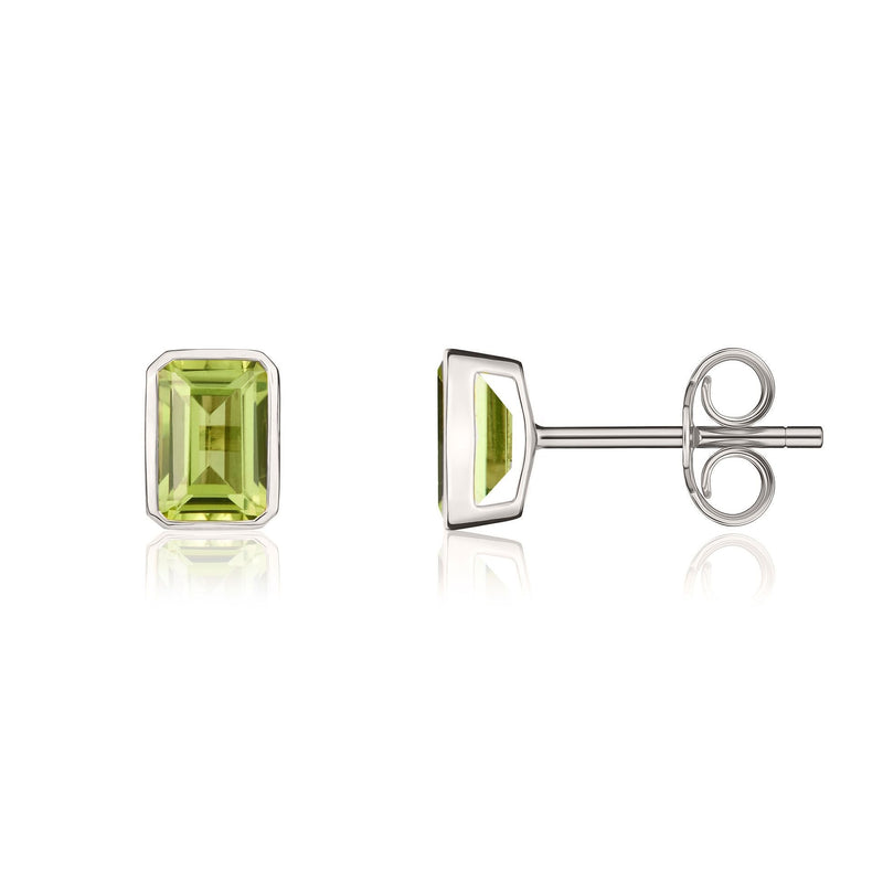 9ct White Gold Octagonal Emerald Cut Natural Peridot Rubover Stud Earrings — 7x5mm
