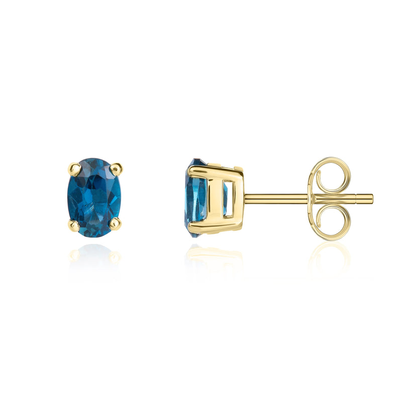 9ct Yellow Gold Oval Natural London Blue Topaz Claw Stud Earrings — 6x4mm