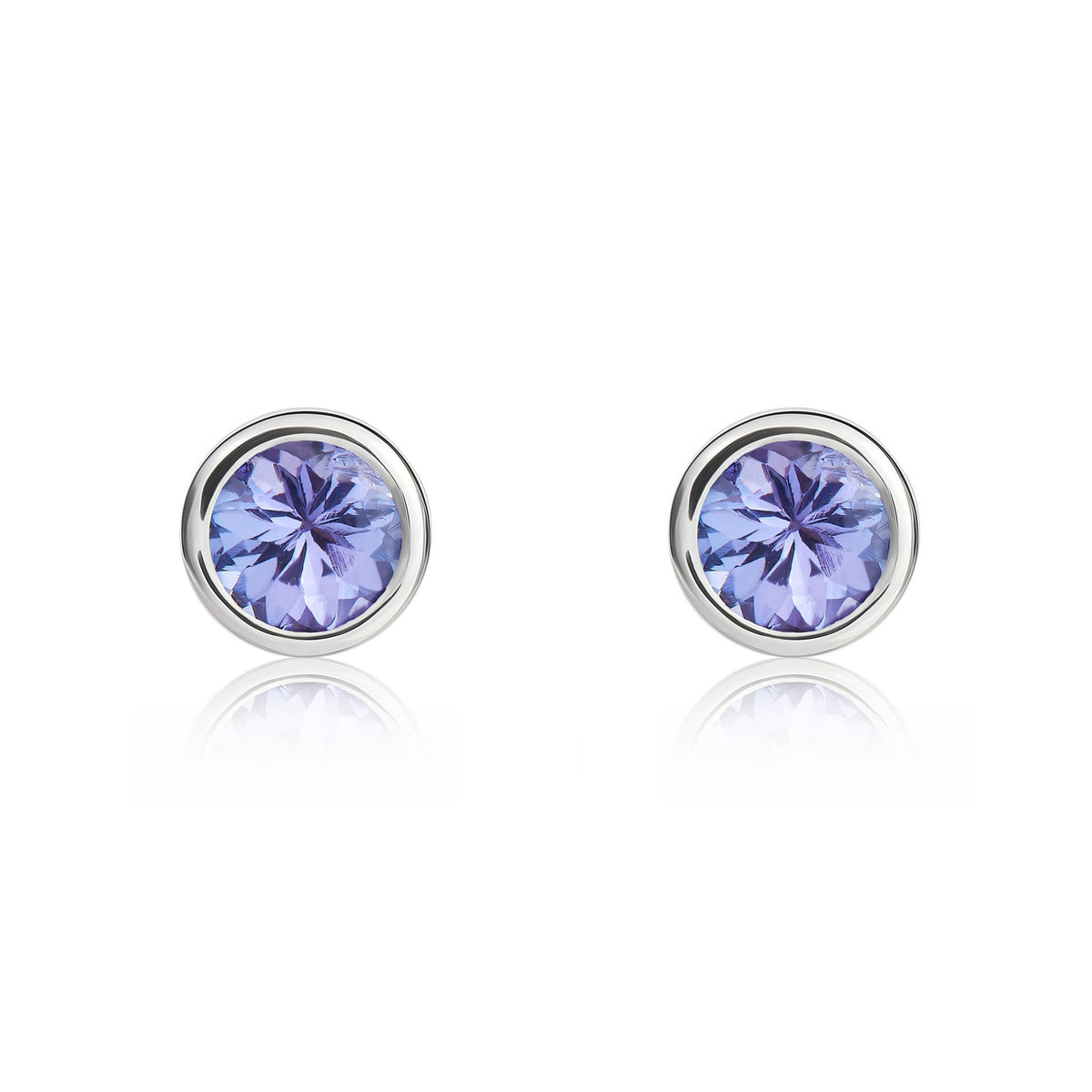 9ct White Gold Round Natural Tanzanite Rubover Stud Earrings — 4mm