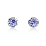 9ct White Gold Round Natural Tanzanite Rubover Stud Earrings — 4mm