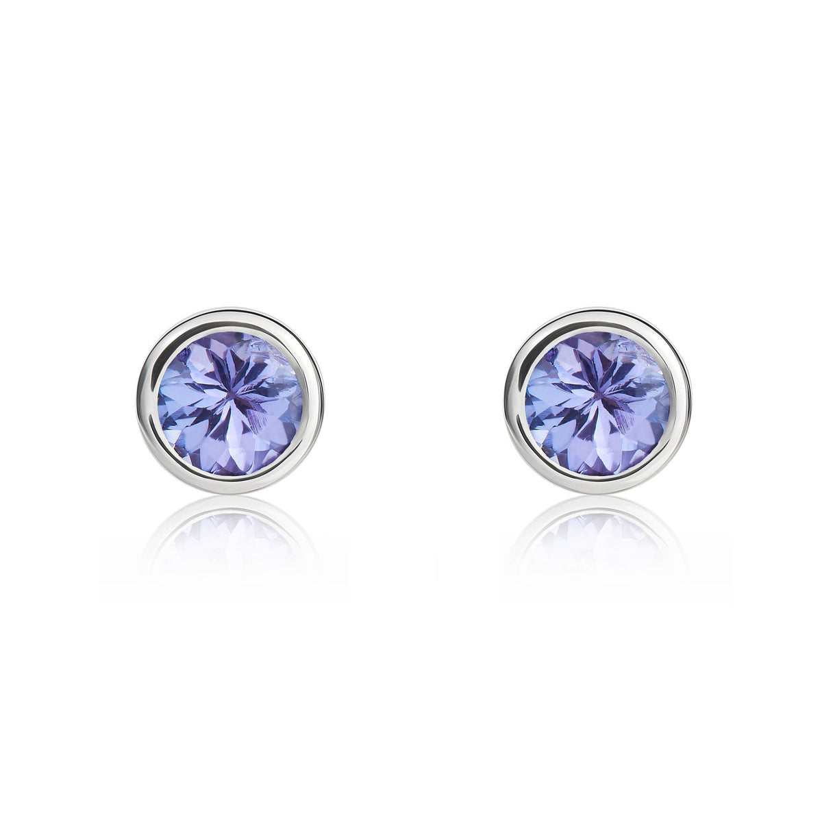 9ct White Gold Round Natural Tanzanite Rubover Stud Earrings — 4mm