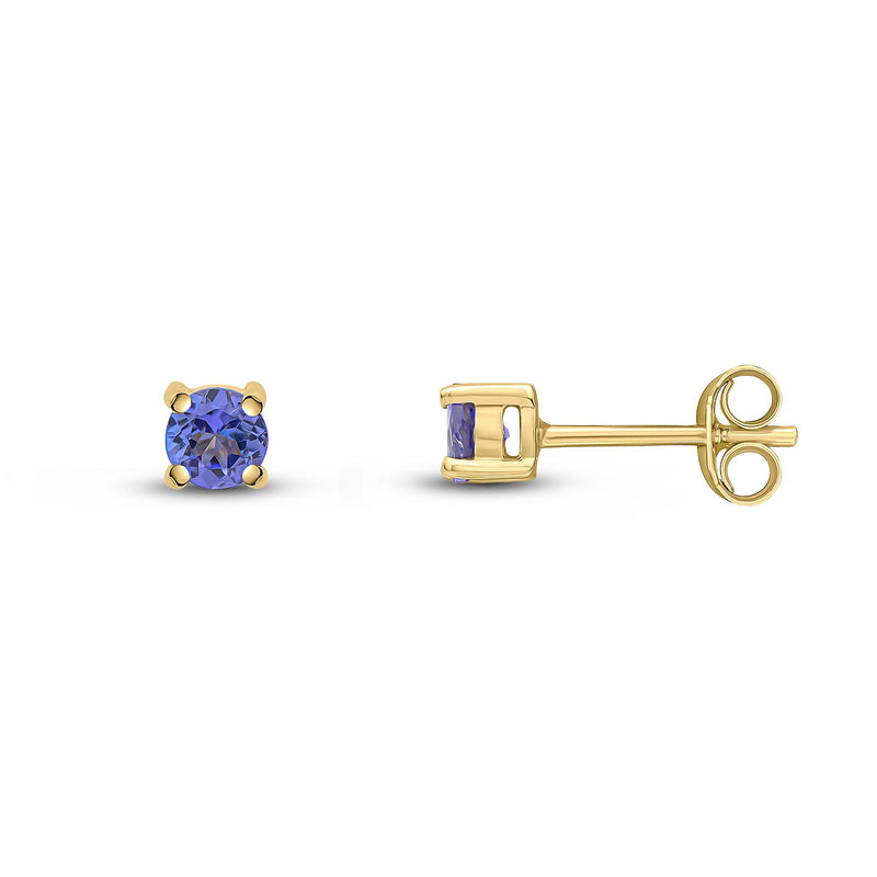 9ct Yellow Gold Round Natural Tanzanite Claw Stud Earrings — 4mm