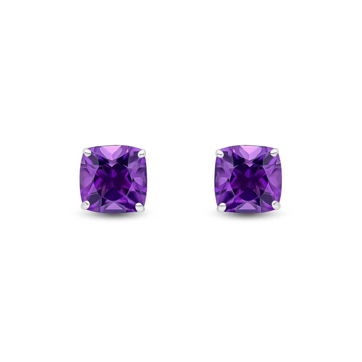 9ct White Gold Cushion Natural Amethyst Claw Stud Earrings — 8mm