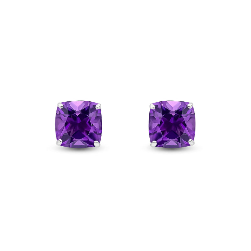 9ct White Gold Cushion Natural Amethyst Claw Stud Earrings — 8mm