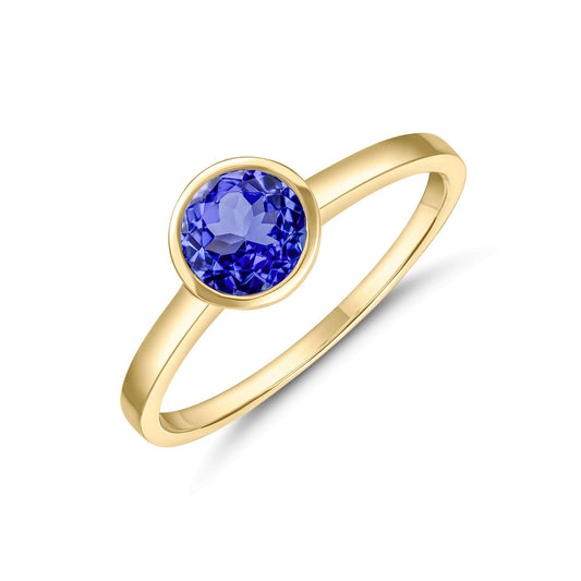 9ct Yellow Gold Round Natural Tanzanite Rubover Single Stone Ring — 5mm