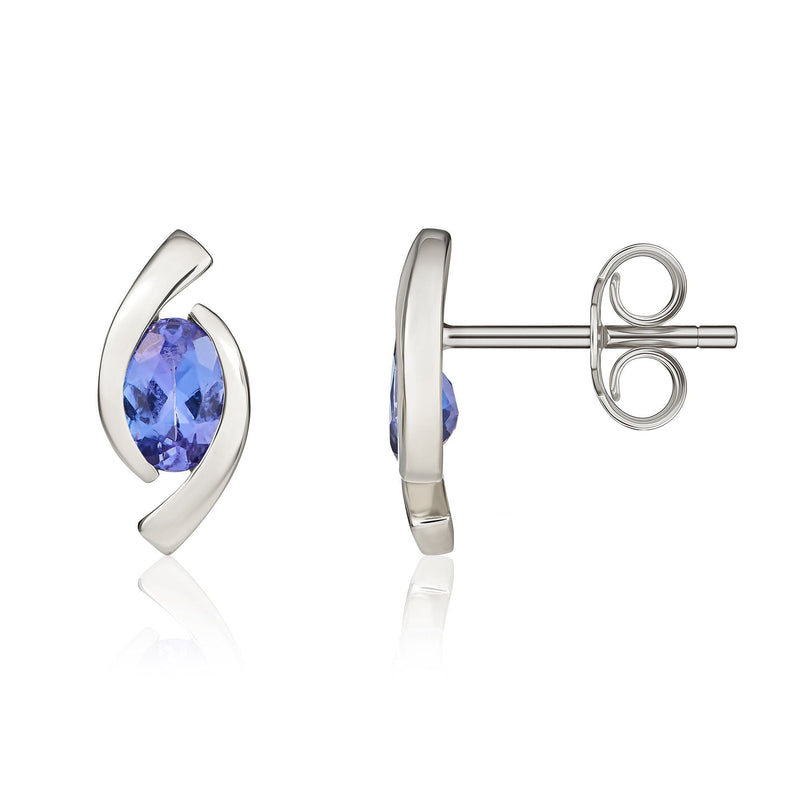 9ct White Gold Oval Natural Tanzanite 'Eye' Stud Earrings — 6x4mm