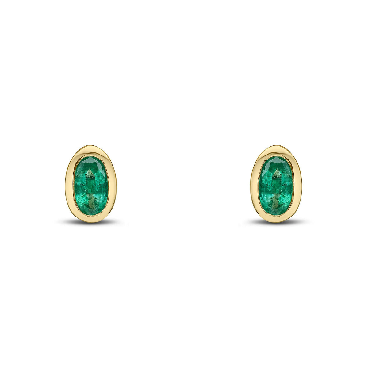 9ct Yellow Gold Oval Natural Emerald Rubover Stud Earrings — 5x3mm