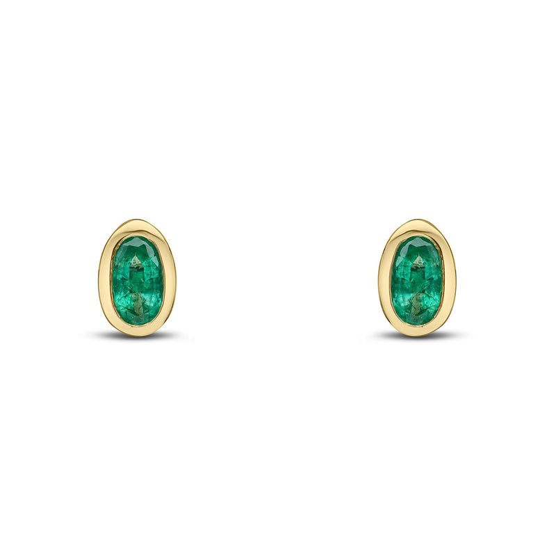 9ct Yellow Gold Oval Natural Emerald Rubover Stud Earrings — 5x3mm