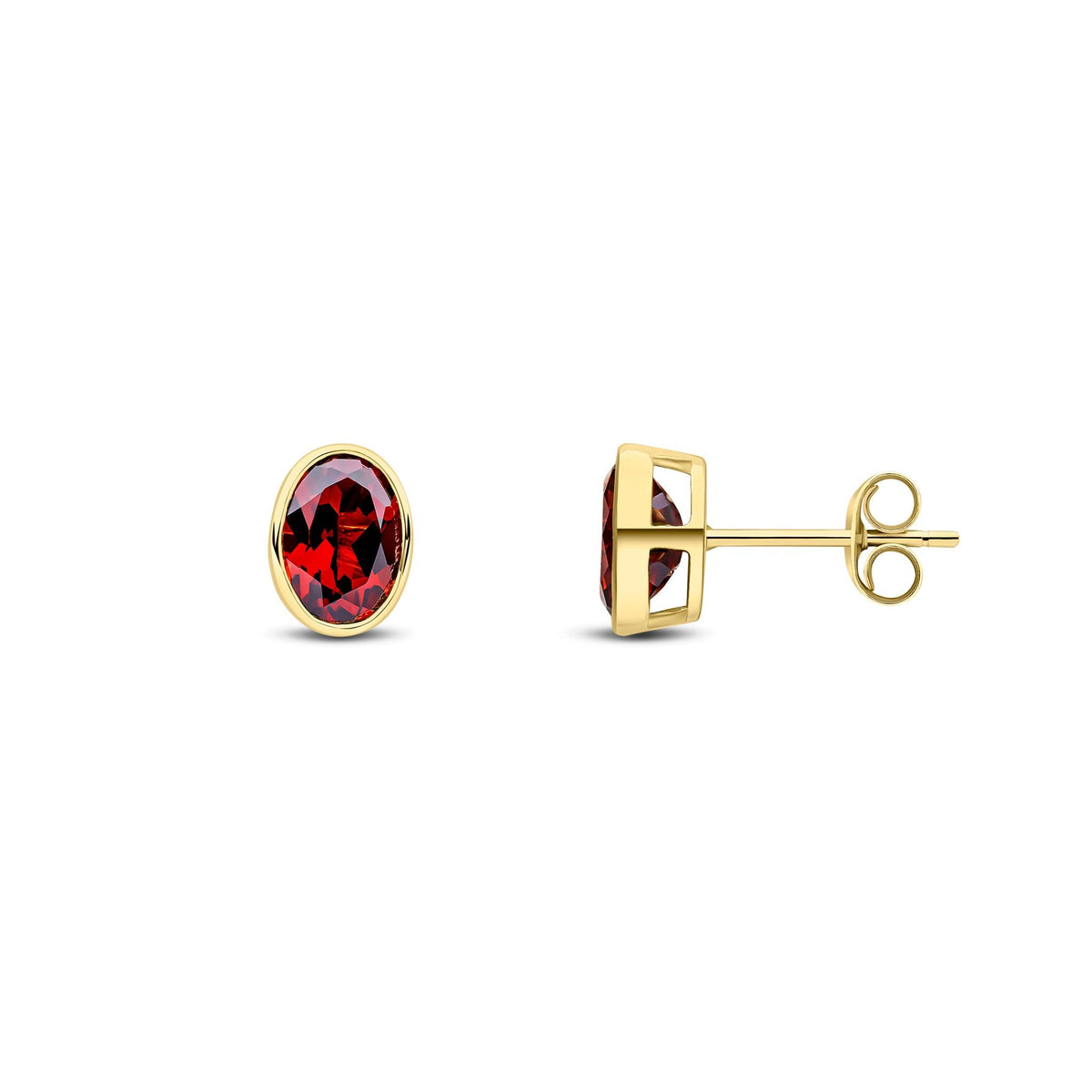 9ct Yellow Gold Oval Natural Garnet Rubover Stud Earrings — 7x5mm