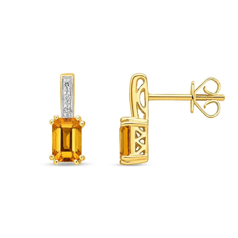 9ct Yellow Gold Octagonal Natural Citrine & Diamond Drop Earrings — 6x4mm