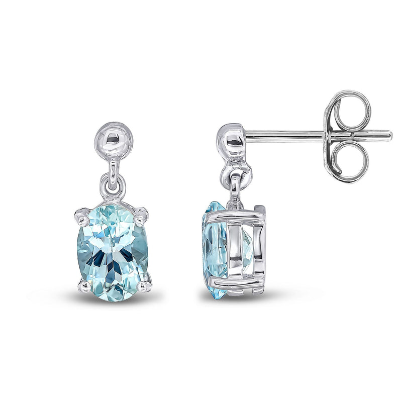 9ct White Gold Oval Natural Aquamarine Claw Drop Earrings — 7x5mm
