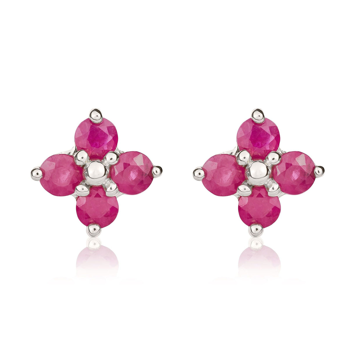 9ct White Gold Round Natural Ruby Four Stone Cluster Stud Earrings