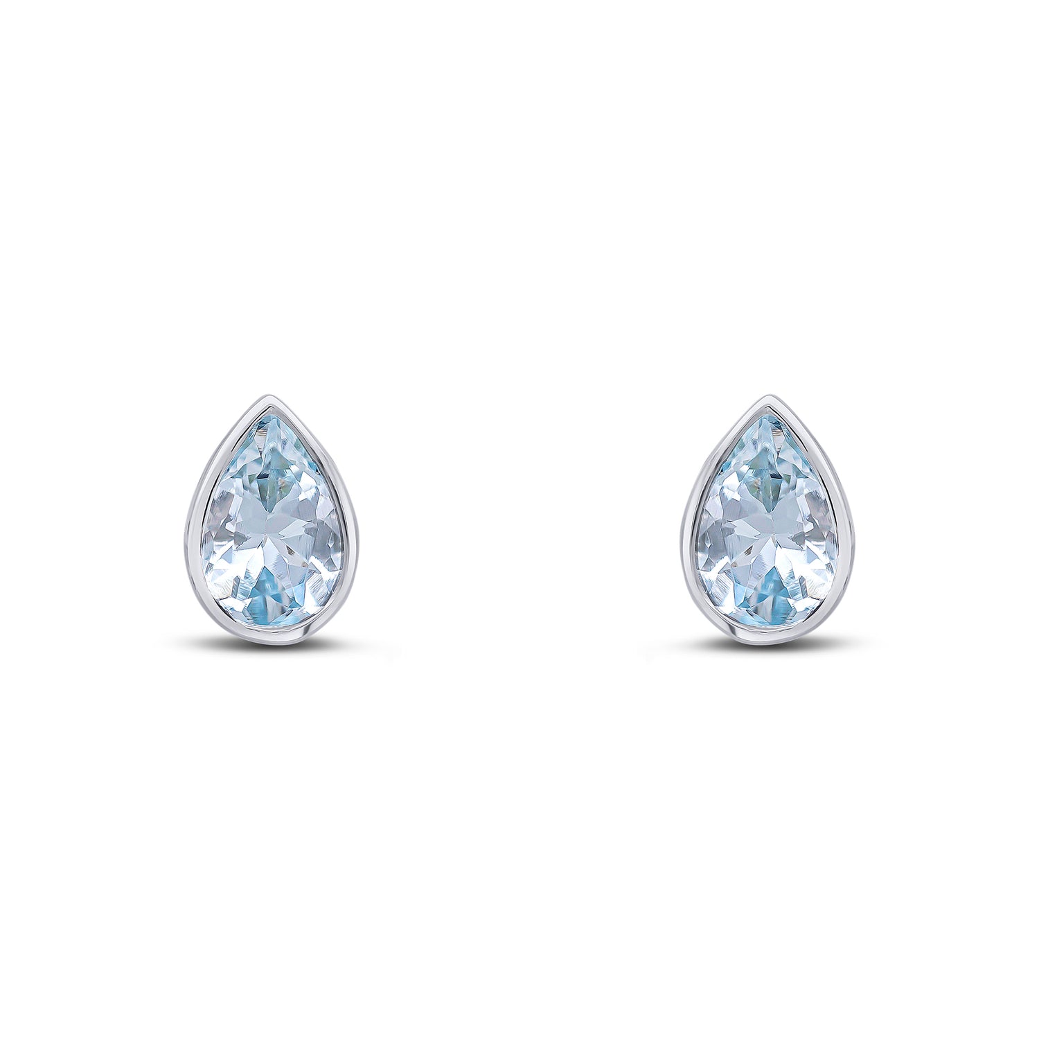 9ct White Gold Pear Shaped Aquamarine Rubover Stud Earrings — 6x4mm