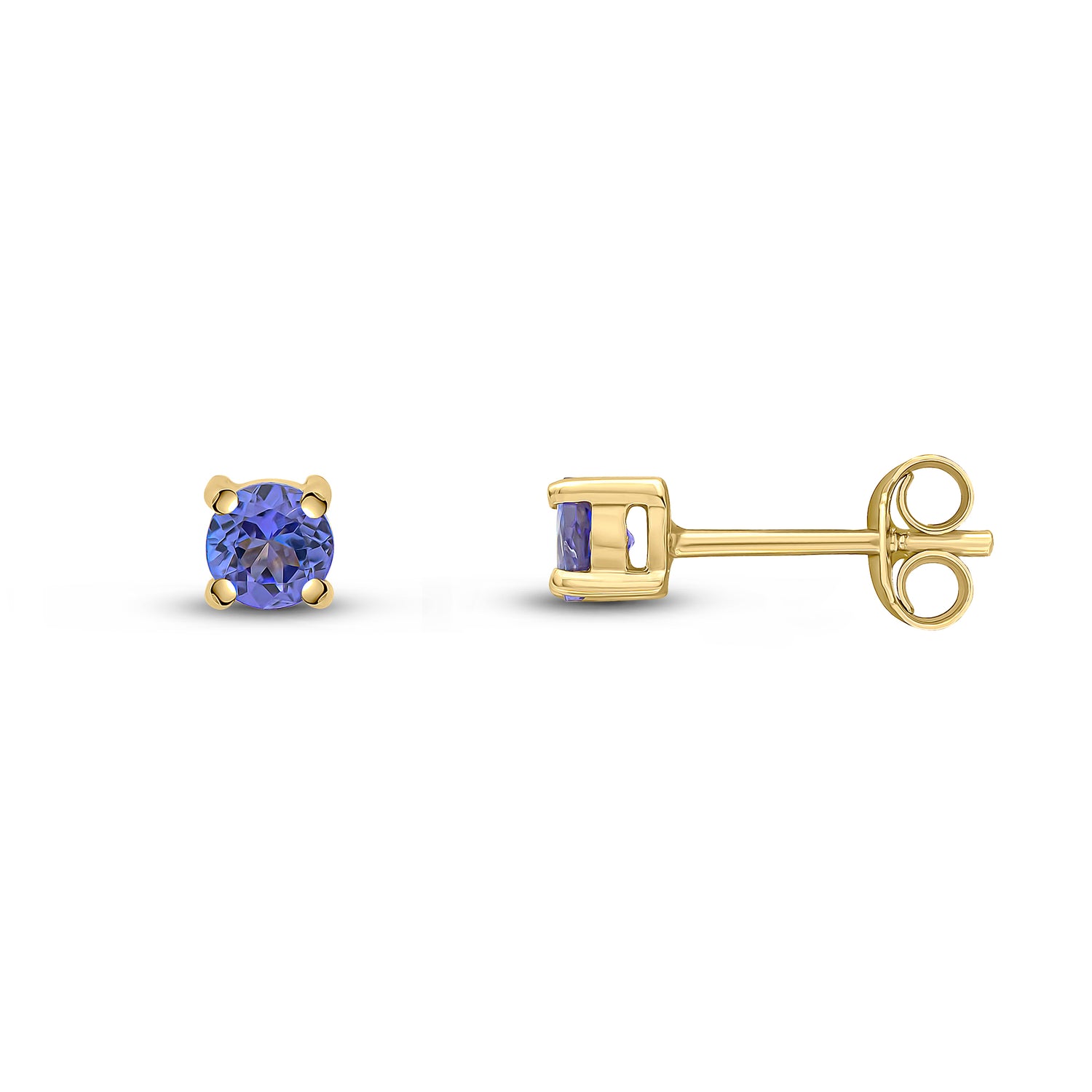 9ct Yellow Gold Round Natural Tanzanite Claw Stud Earrings — 4mm